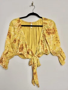 Spell & The Gypsy Top Size Small Floral Print Tie Organic Cotton Blend Yellow - Picture 1 of 6