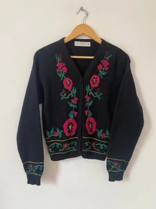 St Michael Women Cardigan Size 10 Black Embroidered Floral Knit Wool Angora M&S - Picture 1 of 8