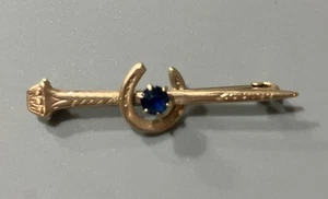 9ct Yellow Gold & Blue Stone Rodd Horseshoe Brooch Vintage 2g - Picture 1 of 5