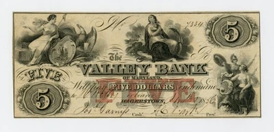 1856 $5 The Valley Bank - Hagerstown, MARYLAND Note - Image 1 of 2