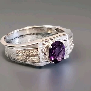 Anillo solitario y circón de amatista genuina para hombre en platino sobre plata de ley - Imagen 1 de 5