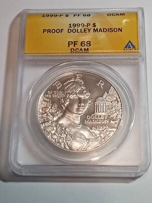 1999-P Dolley Madison PF68 DCAM Proof United States Mint .999 Silver ANACS - Image 1 of 2