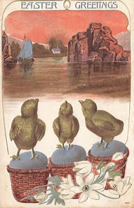 CARTOLINA PASQUALE VINTAGE PULCINI VISTA ALBA SUL PAESAGGIO MARINO 19190 030623 S - Foto 1 di 2