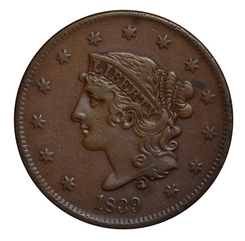 1839 Modified Matron Head or Coronet Large Cent  Booby Head variety Cover