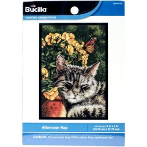 Bucilla Afternoon Nap Counted Cross Stitch Kit Craft Kitty Cat 5" x 7" NEW - Picture 1 of 3