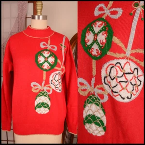 **SILVER & GOLD ORNAMENTS** pretty asymmetrical rich XMAS red SWEATER bows M L  - Picture 1 of 9
