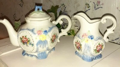 ~Vintage Porcelain~White/Pastel Blue W/Floral Design~Sugar/Lid & Creamer Set~ - Image 1 of 4