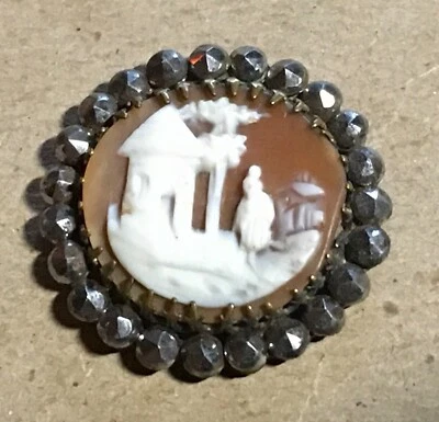 Antique Carved Cameo Button Shell Oriental Man & Scene in Gold Border Cut Steels - Image 1 of 4