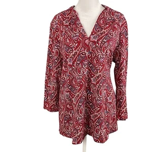 Lands End L 14-16 V-Neck Soft Jersey Top Tunic Red Paisley 3/4 Sleeves - Picture 1 of 12