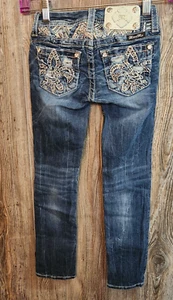Miss Me Jeans Girls Skinny Denim Blue Jeweled Embroidered Sz 7 western rodeo - Picture 1 of 5