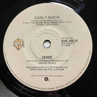 Carly Simon Stardust / Jesse Vinyl Record 7” 45 RPM WBS 49518 Warner Bros 1980 - Image 1 of 4