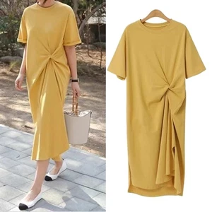 Women's Black Shirt Dress Midi Korean Style Side Slit Casual Summer Dress - Picture 1 of 30