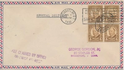 #685 4c Block of 4  William H. Taft First Day cover via Airmail Roessler envelop - Image 1 of 2