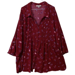 Blusa túnica top mujer dentro borgoña floral estampado cachemira botón delantero 4X - Imagen 1 de 3