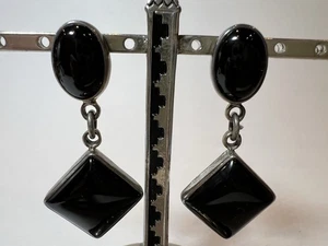 Sterling Silver Onyx Drop Dangle Earrings Signed CII Mexico ~2” 18.8g - Picture 1 of 8