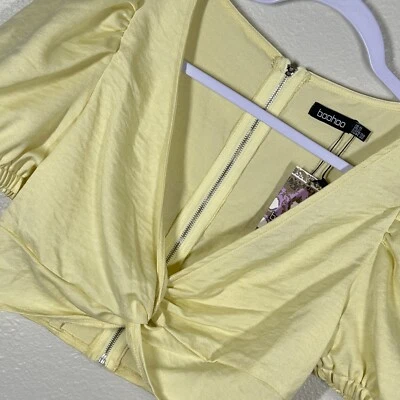 Boohoo Twist Detail Crop Top Puff Sleeve Zip Back Lime Yellow Size US 2 Y2K Cute - Image 1 of 4