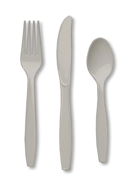 24 Piece Silver Premium Plastic Forks, Spoons, Knives Cutlery - 8 ea - Image 1 of 1
