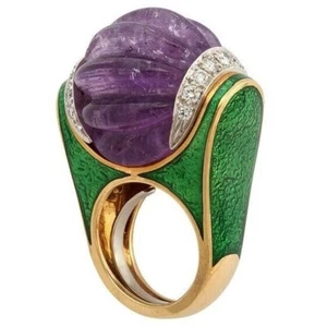 Anello donna in argento sterling 925 con zirconi placcati oro ametista intagl... - Foto 1 di 5