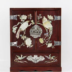 Vtg Japan Red Lacquer Wood Cabinet Jewelry Box Lock Key Inlaid MOP Abalone Bird - Picture 1 of 8