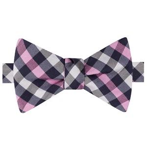TOMMY HILFIGER Navy Blue Pink Ivory Gingham Silk Twill Self Tied Bow Tie - Picture 1 of 4