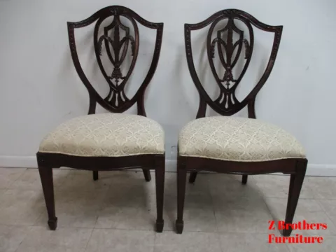 Pair Drexel Mahogany Chippendale Shield Back Dining Side Chairs  C Cover