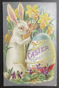 Saluti di Pasqua stampati narcisi coniglio bianco in rilievo uovo decorativo - Foto 1 di 2
