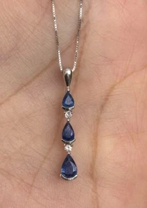 14k White gold Genuine Sapphire Diamond Pendant Women's Chain Necklace - Picture 1 of 3