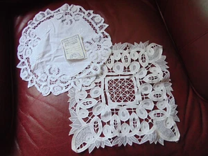 2 Battenberg Lace Handmade Doilies 12 x 12 Square & Round Cotton Shabby - Picture 1 of 3