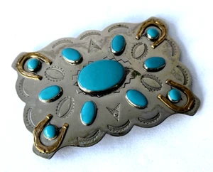 Western BELT BUCKLE Faux Turquoise Southwest Design Lucky Horseshoe NICKEL BELL - Picture 1 of 8
