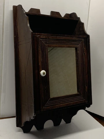 Antique Pine Medicine Cabinet Apathacary 3 Shelves Carved Hand Made 24”x12.75” Cover