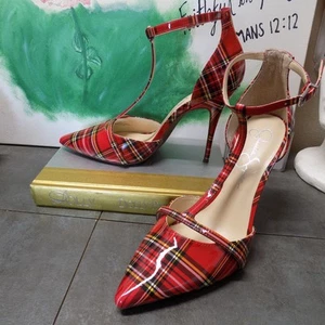 Jessica Simpson Wilrou Red Plaid Patent T-Strap Heels size 9-1/2 - Picture 1 of 14