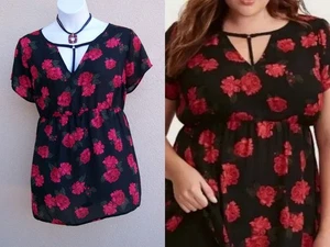 Torrid Black Red Roses top blouse plus size 3 2x 22 24 vneck babydoll blouse - Picture 1 of 10