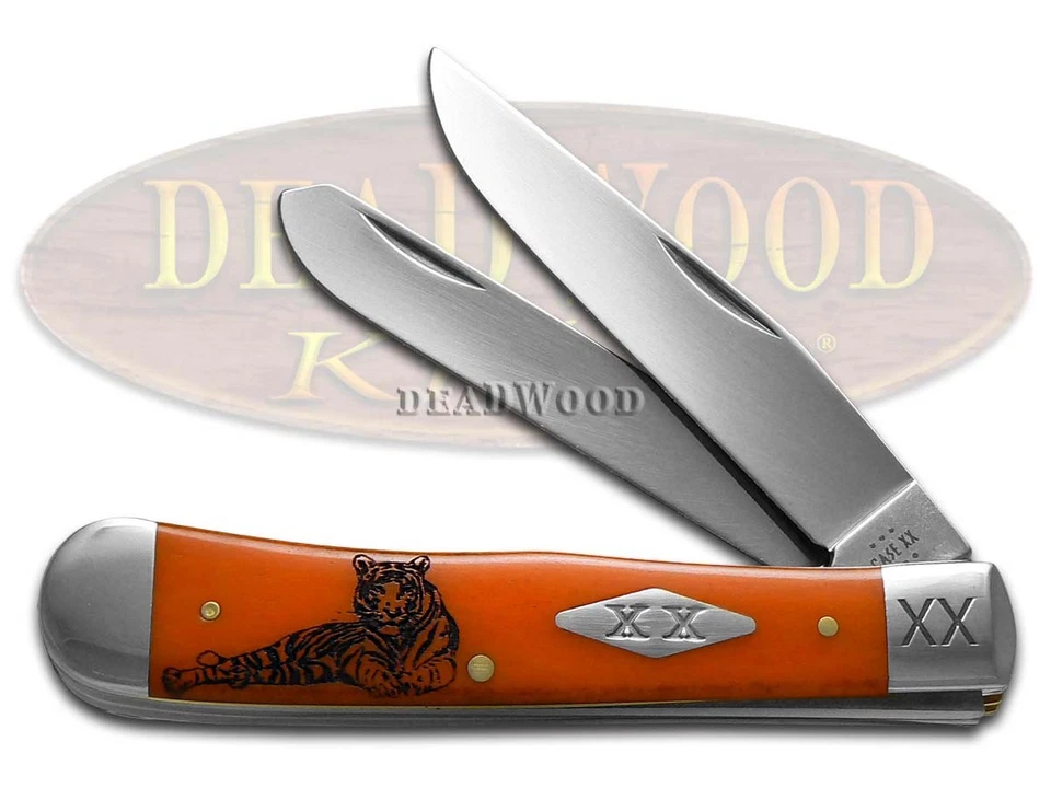 Case xx Knives Trapper Tiger Stripe Persimmon Orange Bone 1/500 Pocket Knife - Image 1 of 4