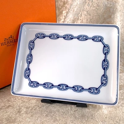 Hermes Rectangle Tray Sushi Plate Chaine d'Ancre Blue Porcelain Tableware w/Box - Image 1 of 4