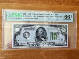 1934 $50 Federal Reserve Note St. Louis, Light Green ~ PMG 66 EPQ - Picture 1 of 2