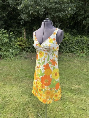 True VINTAGE 60s MINI BABYDOLL DRESS sunflowers GOGO 8-10 France new wave Mod - Image 1 of 4