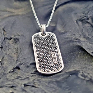2Ct Round Black Simulated Mens Dog Tag Pendant With Chain 14k White Gold Finish - Picture 1 of 9