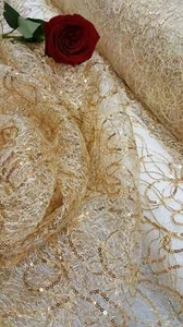 Tela de graduación geométrica con tela de encaje bordada tela de araña dorada vendida por yarda  - Imagen 1 de 7