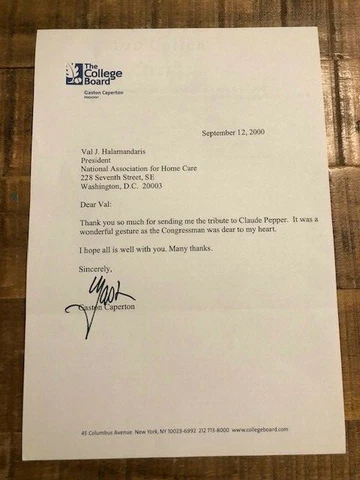 1 ORIGINAL Letter to Val Halamandaris/NAHC Fm: Gaston Caperton/Gov of WV Cover