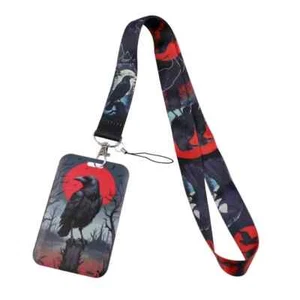 Gothic Crow & Blood Red Moon Design ID Card Holder & Keys Phone Lanyard Strap - Picture 1 of 7