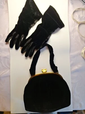 Vintage Ingber Black Velvet Evening Bag w/ Matching Gloves Exc Condition --1 - Image 1 of 4