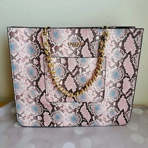 Carlton London Pink Blue Snake Skin Faux Leather Large Tote Bag with Fancy Strap - Picture 1 of 5