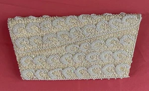 Vintage Ivory Beaded Sequined Evening Clutch Bag Satin Lining La Regale Handmade - Picture 1 of 7