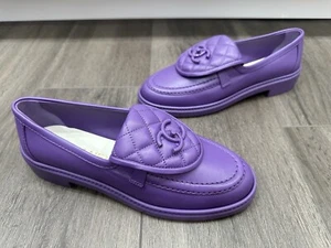 $1.5K NEW 2023 CHANEL CC LOGO LOCK PURPLE LEATHER LOAFERS OXFORD SHOES Size 37 - Picture 1 of 22