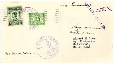 SURINAME 1929 FLIGHT COVER TO CRISTOBAL CANAL ZONE FLIGHT FG-276 - Image 1 of 2