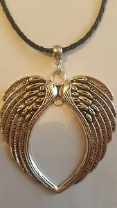 VINTAGE ANGEL WING TIBETAN SILVER PENDANT ON BLACK BRAIDED LEATHER NECKLACE. - Picture 1 of 2