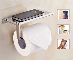 Toilet Paper Holder with Mobile Phone Storage Shelf Holders Wall Mounted Rack - Picture 1 of 9
