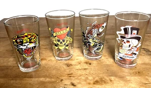4 Set Ed Hardy Tattoo Beer Glasses Tiger Skull Fish Skeleton Rockabilly Barware - Imagen 1 de 9