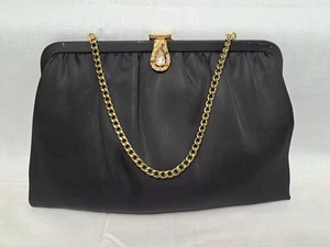 Vintage And'e1950's Black Silk Evening Clutch Purse Jeweled Rhinestone Gold Tone - Picture 1 of 10