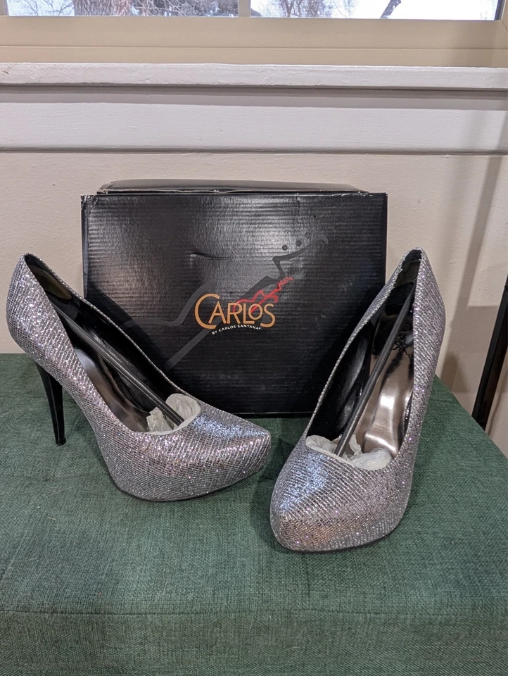 ZAPATOS DE PLATAFORMA CARLOS SANTANA PLATÓNICOS PLATEADOS BRILLANTES CON TACONES NEGROS TALLA 10 Foto 1 de 4